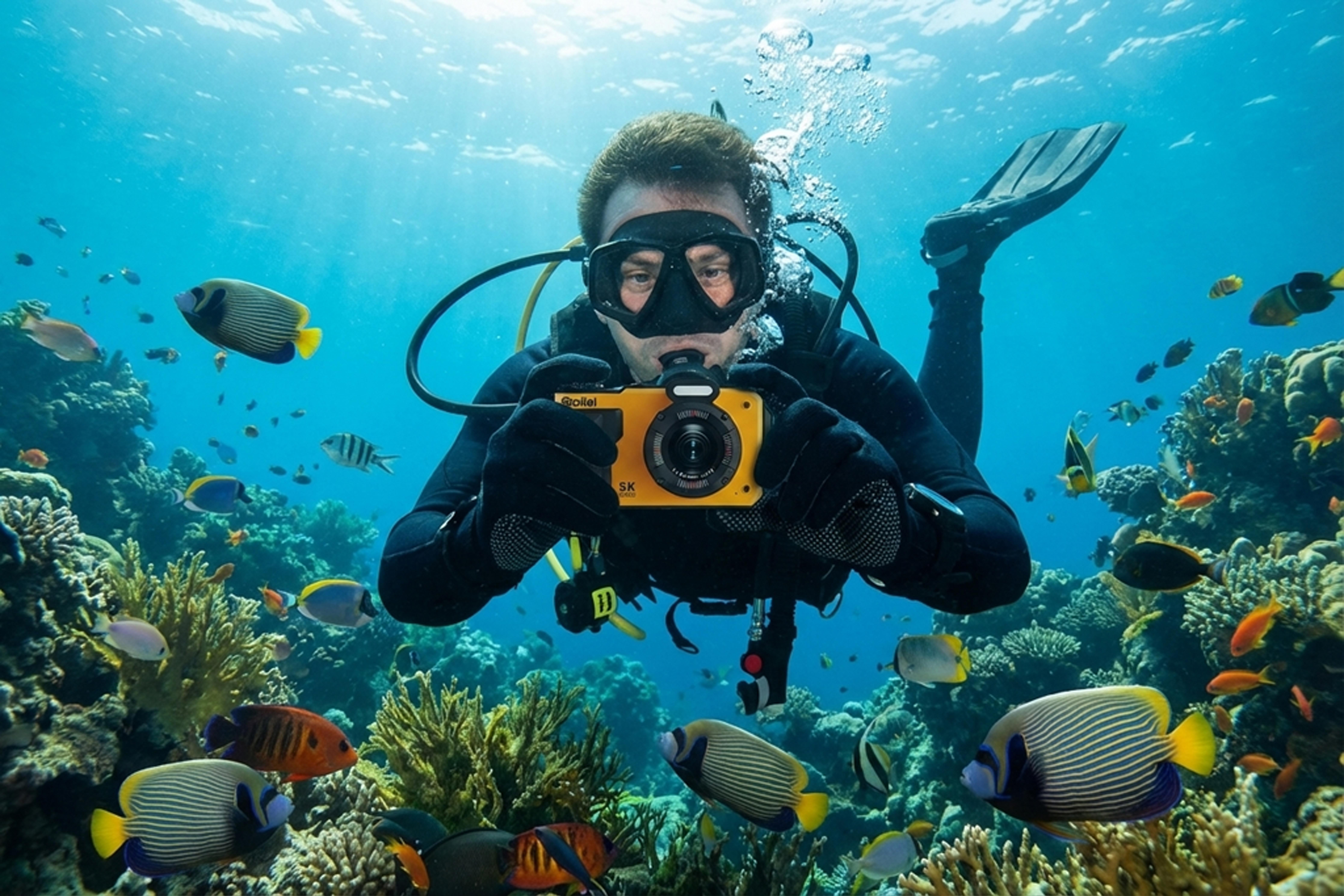 Ein Taucher fotografiert mit einer gelben Kamera Fische und Korallen unter Wasser.