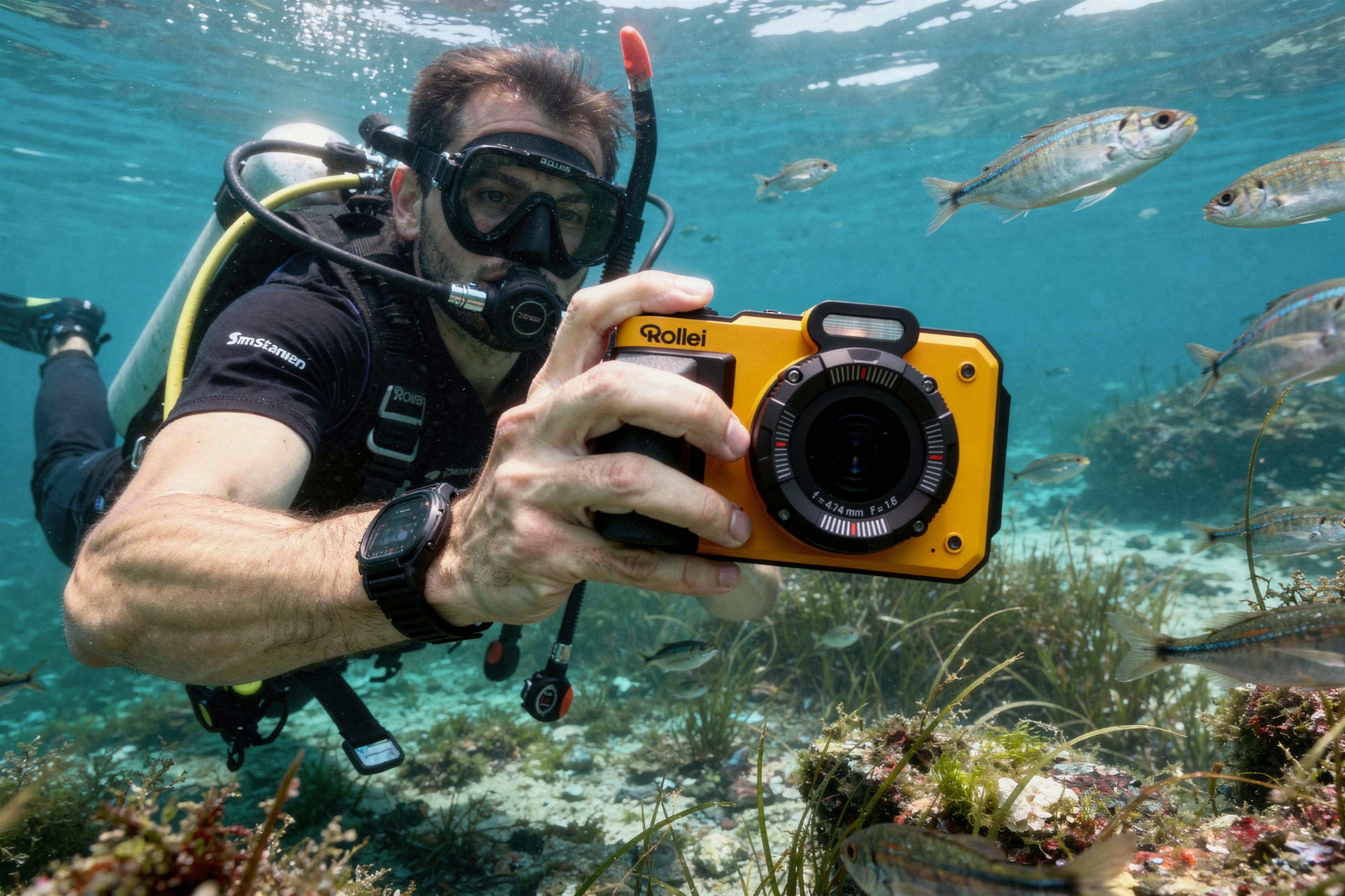 Ein Taucher hält eine gelbe Kamera und fotografiert Fische im klaren Wasser.