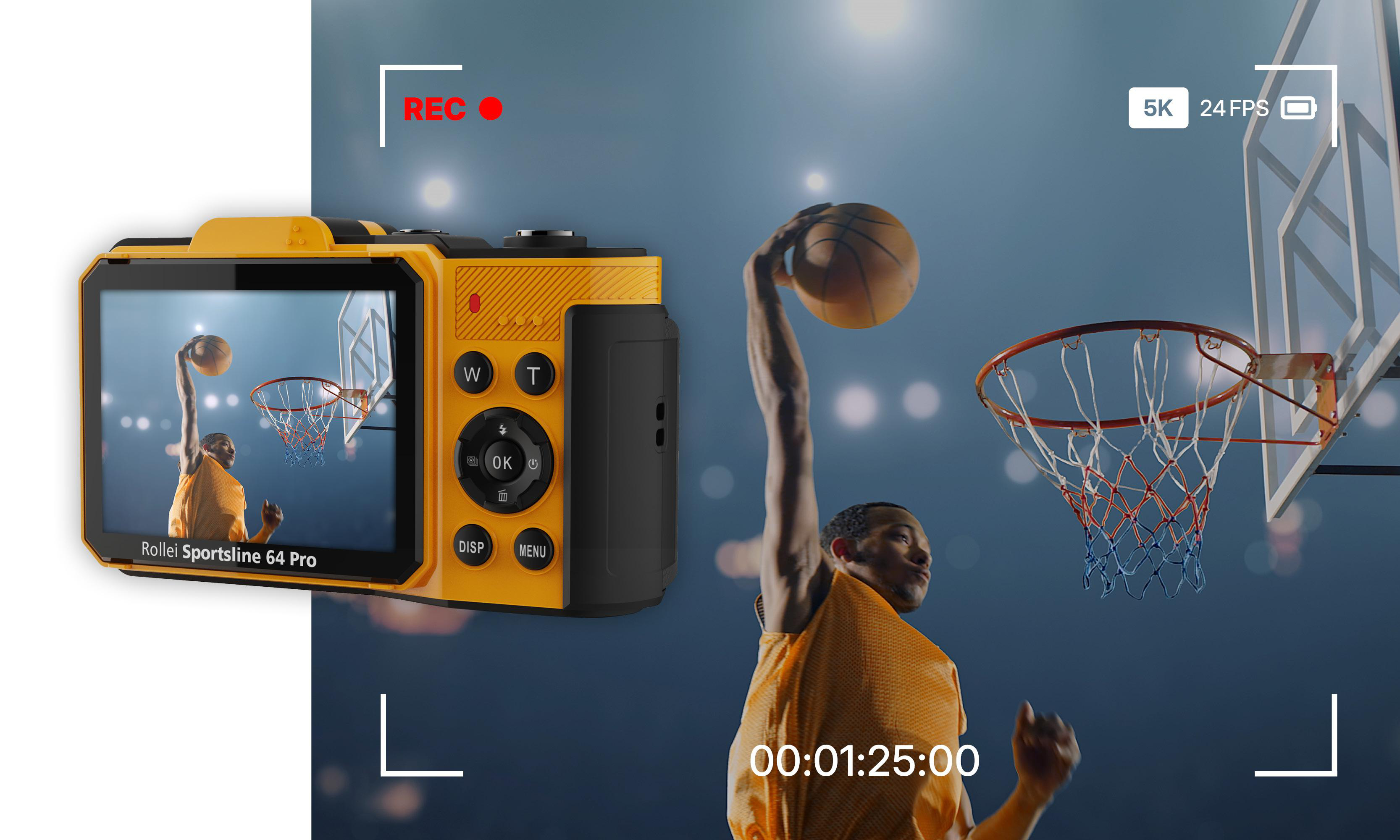 Gelbe Kamera filmt Basketballspieler beim Dunking vor einem blauen Hintergrund.