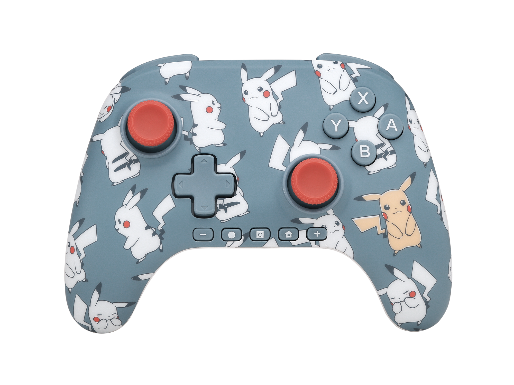 Eine graue Spielkonsole mit Pikachu-Figuren und roten Joystick-Kappen im Wiederholungsmuster.