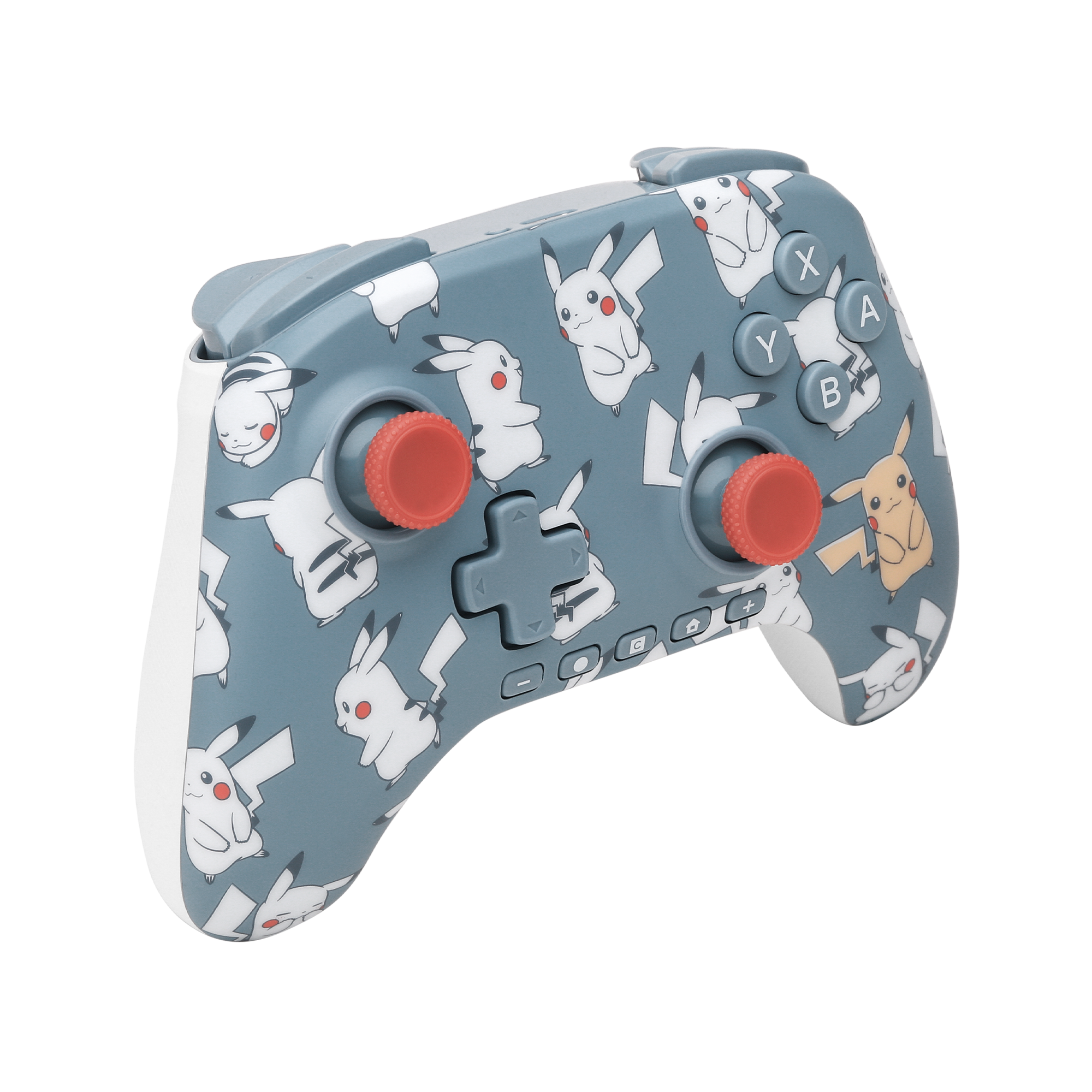 Grauer Controller mit Pikachu-Motiv und roten Joysticks.