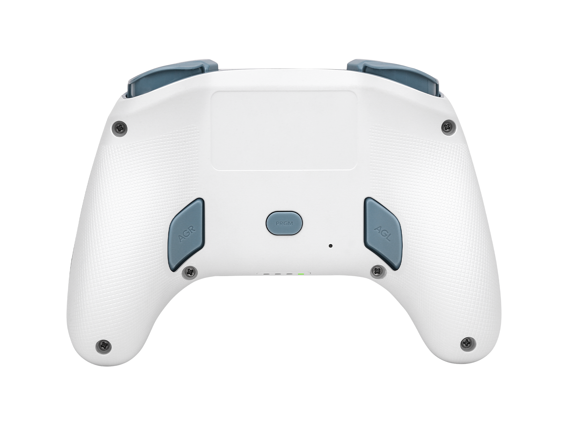 Weiße Gaming-Controller-Rückseite mit blauen Tasten und Schrauben.