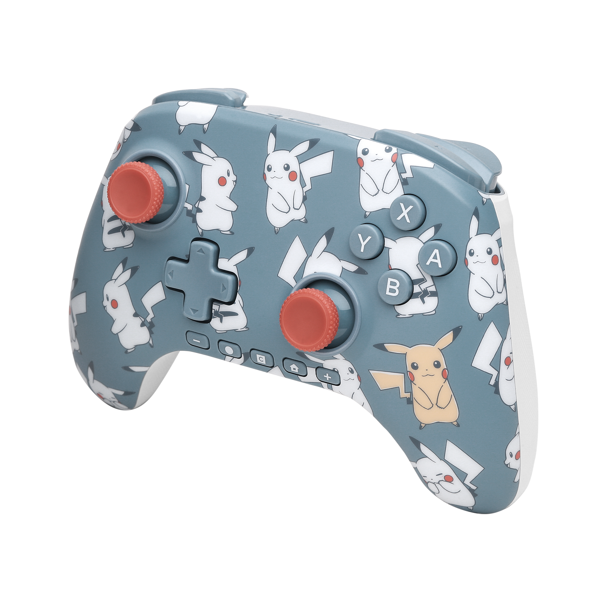 Grauer Controller mit Pikachu-Motiv, roten Knöpfen und grauen Tasten.