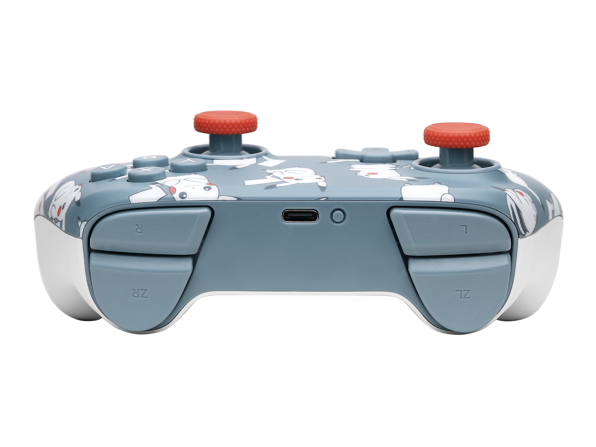 Ein grauer Controller mit Pikachu-Motiv und roten Joysticks.