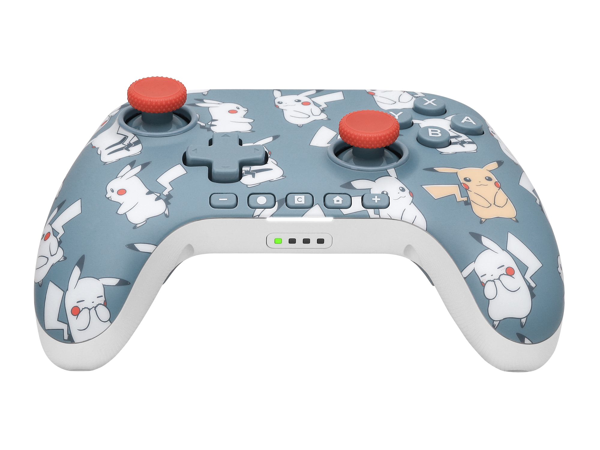 Ein grauer Nintendo-Controller mit Pikachu-Motiv und roten Joysticks.
