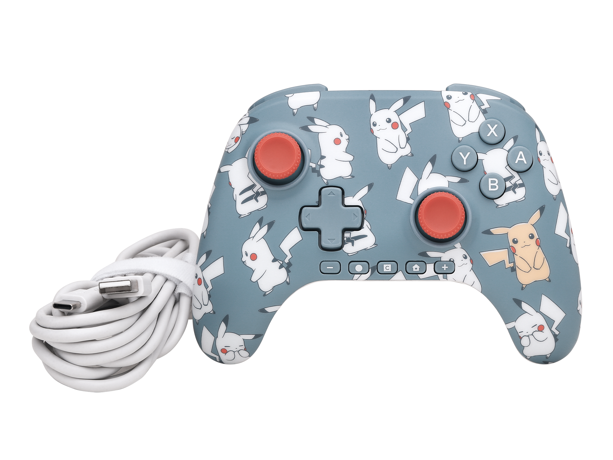 Grauer Controller mit Pikachu-Motiv und weißem Kabel