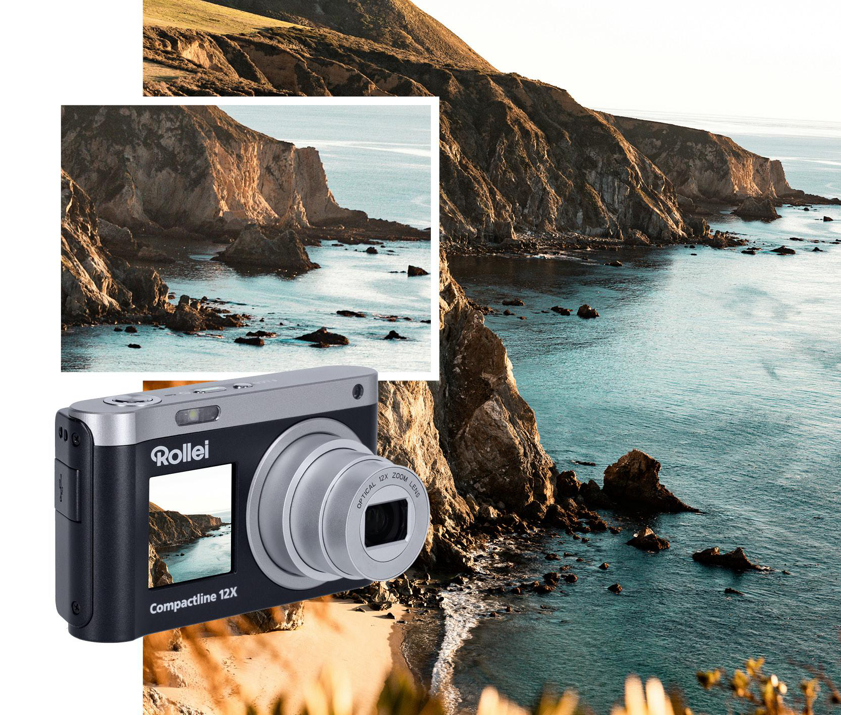 Rollei Kompaktkamera mit Küstenlandschaft auf dem Display.
