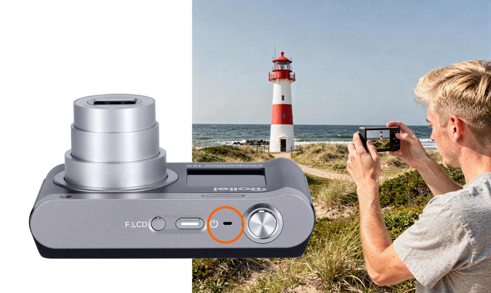 Ein Mann fotografiert einen Leuchtturm am Meer mit einer Kamera.