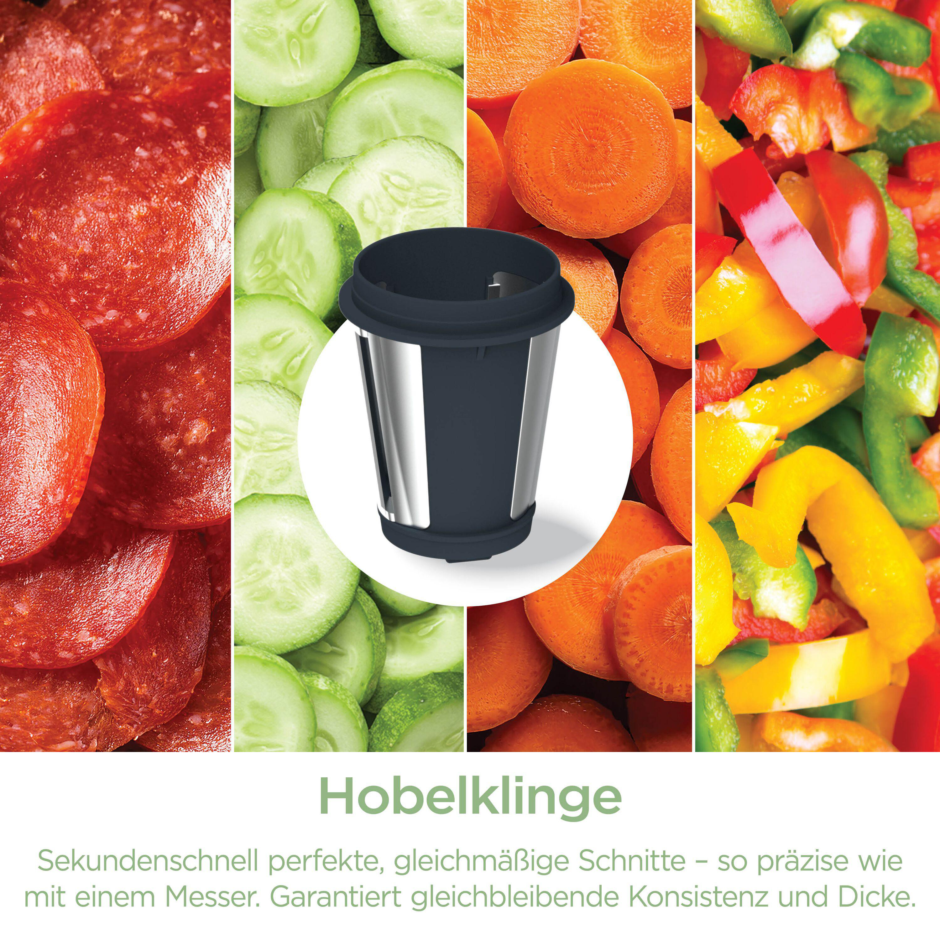 Vier Collagen mit Salami, Gurken, Karotten und Paprika um ein Hobelwerkzeug.