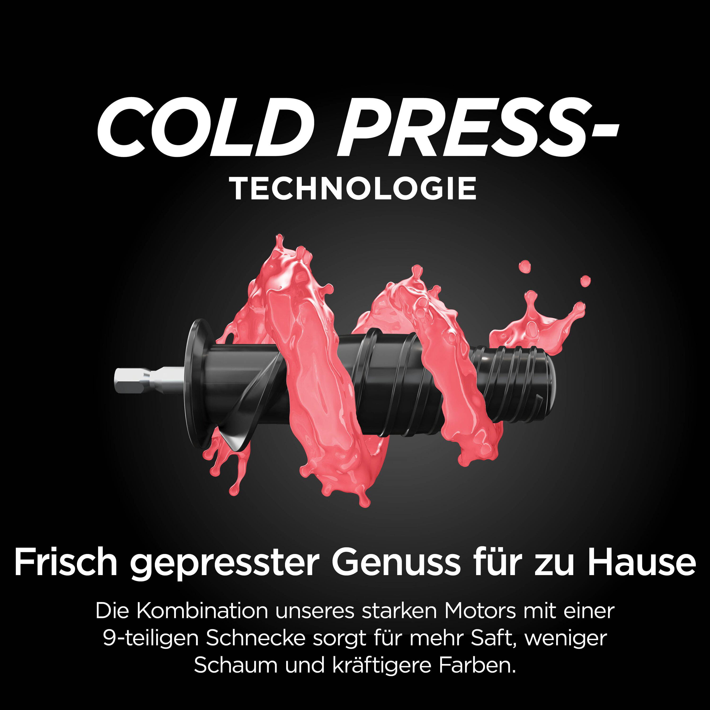Ein schwarzer Presskopf mit pinkem Saft spritzt. "COLD PRESS-TECHNOLOGIE".