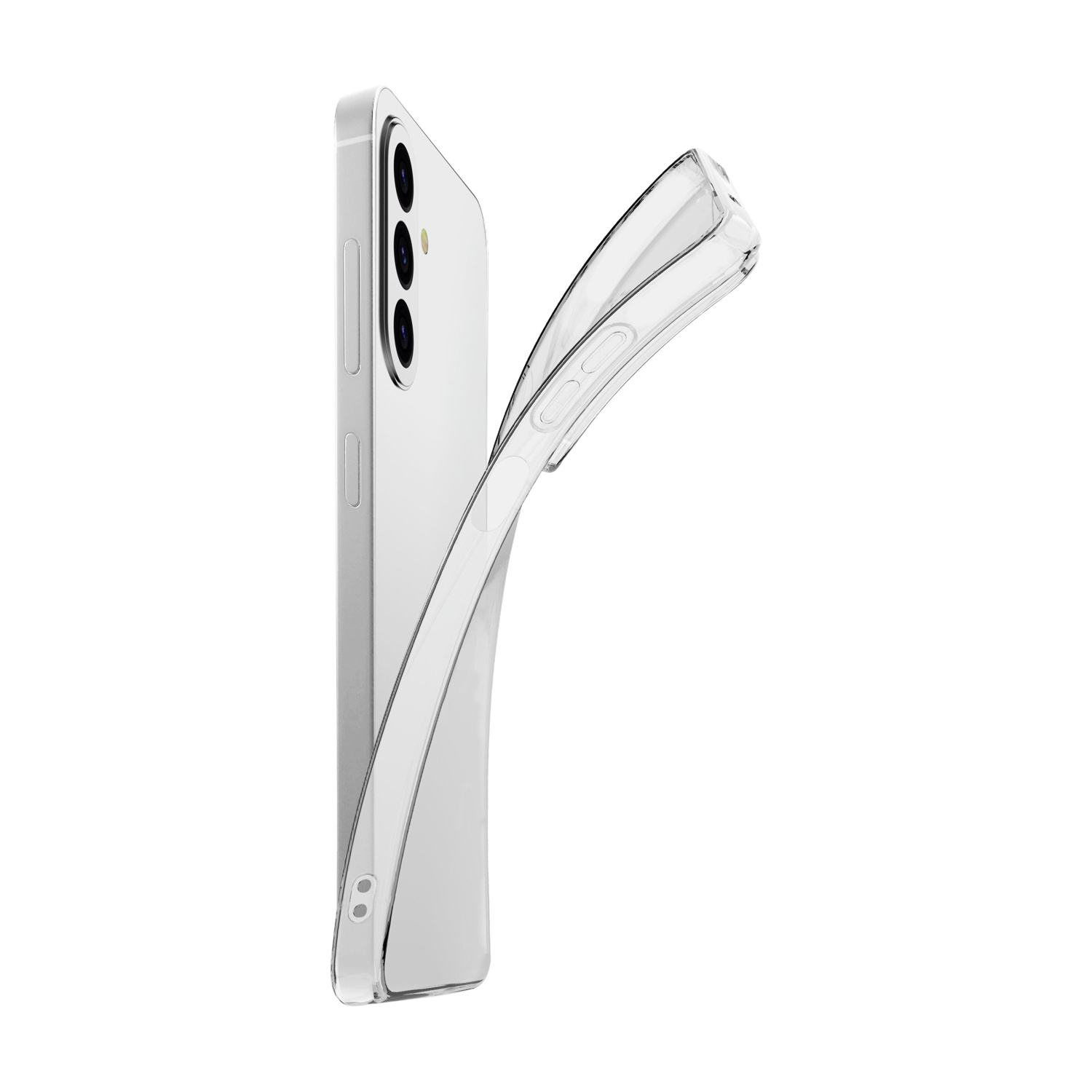 Una cover trasparente per telefono viene montata su uno smartphone bianco.