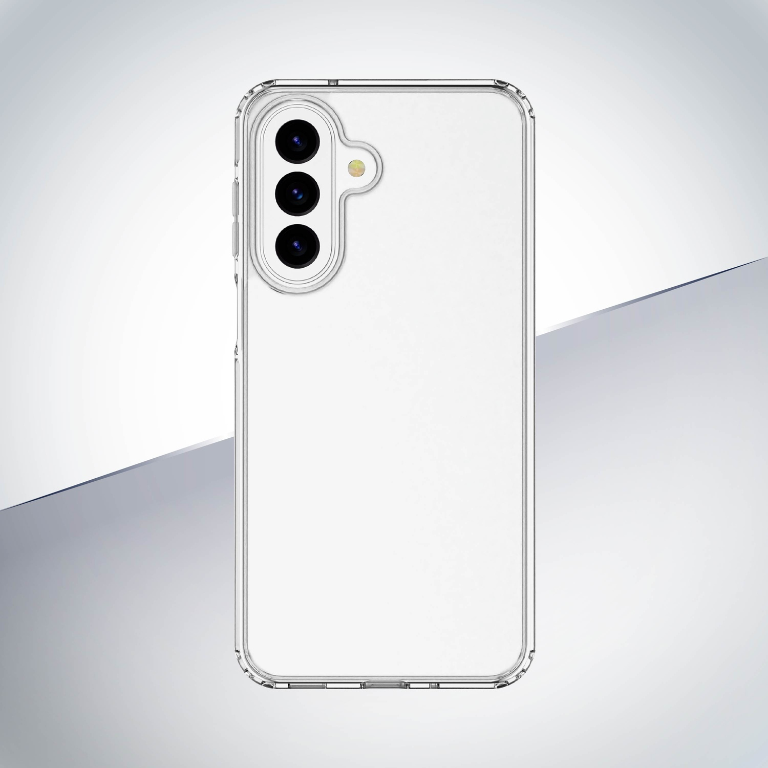 Custodia trasparente per telefono con tripla fotocamera su sfondo grigio.