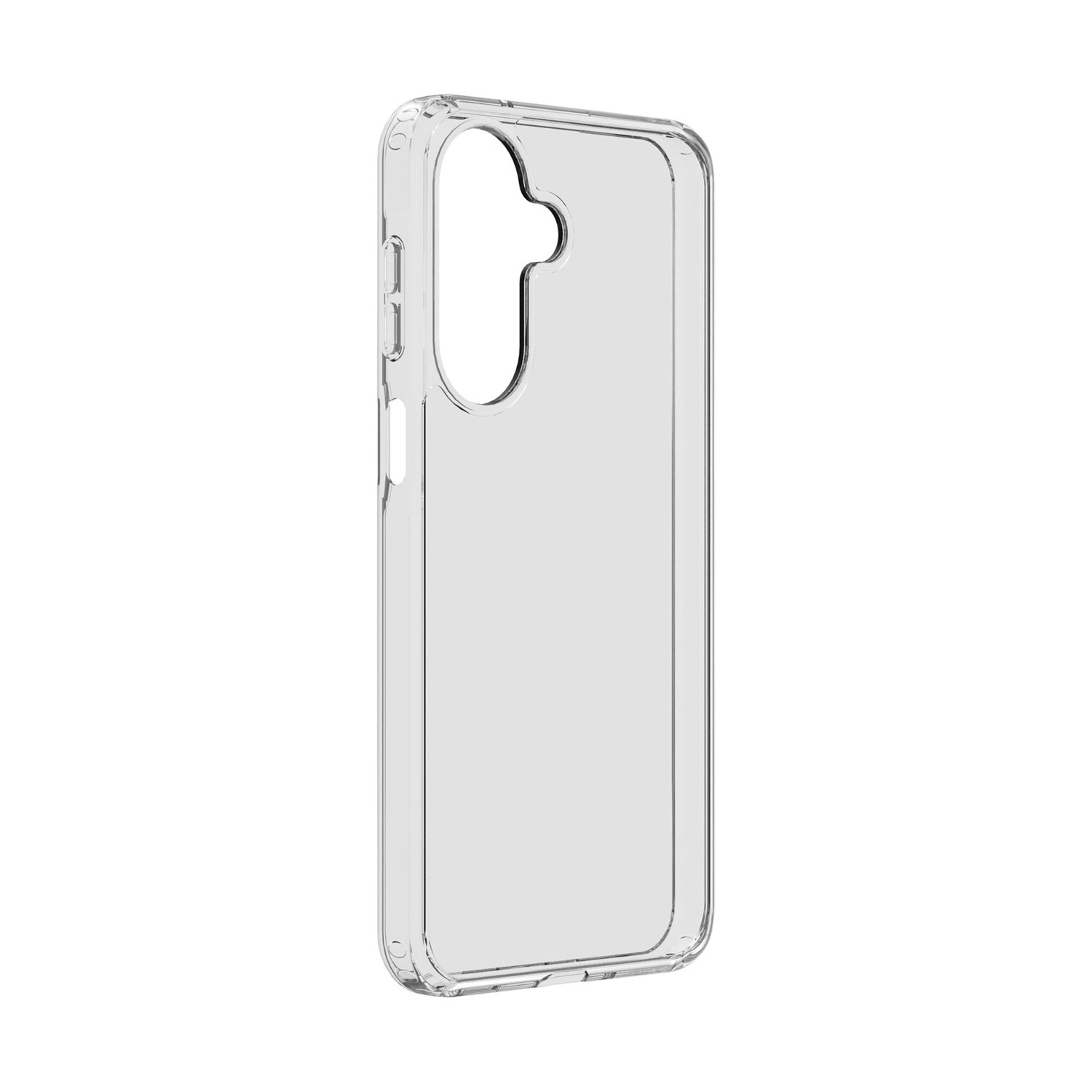 Custodia trasparente per telefono con ritagli per fotocamera e pulsanti.