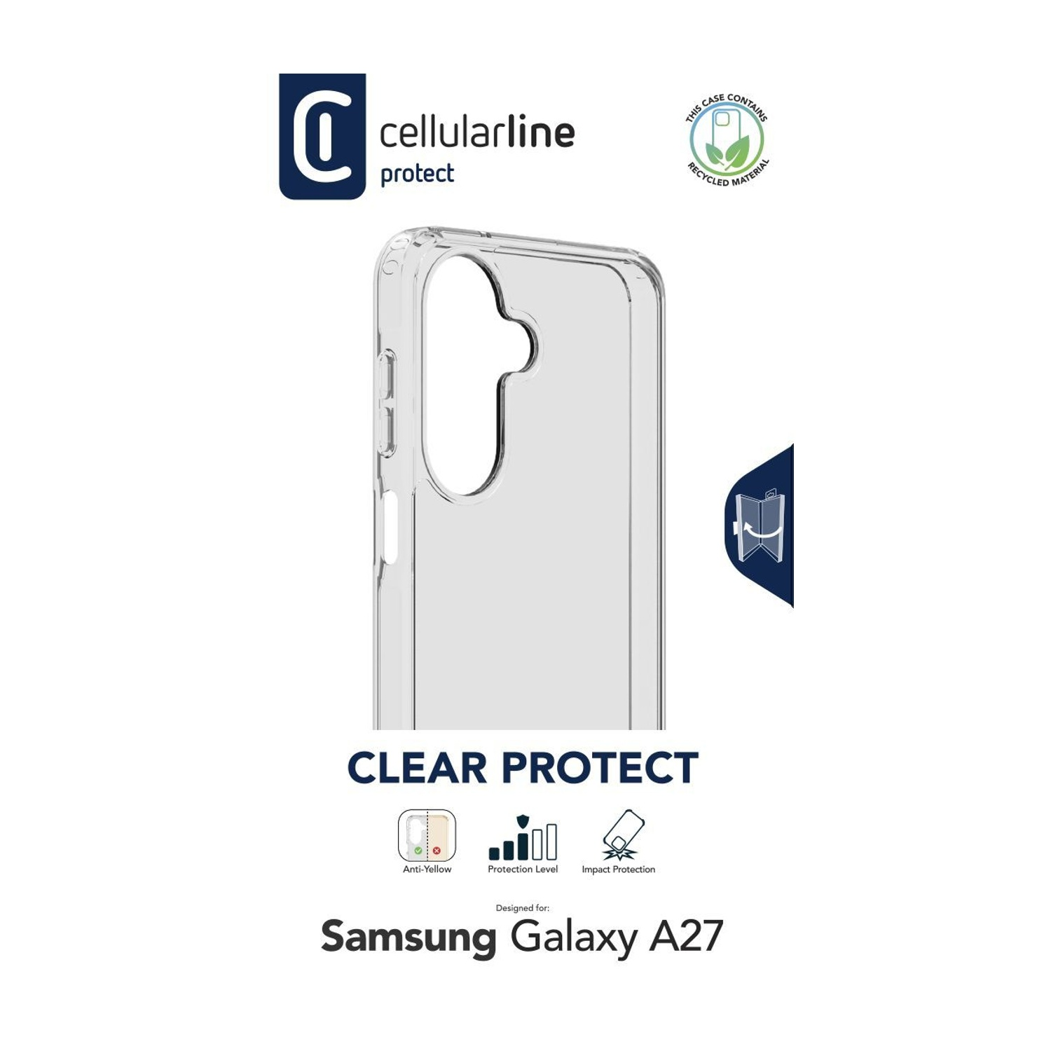 Custodia protettiva trasparente per Samsung Galaxy A27 con sigillo 'Materiale Riciclato'.
