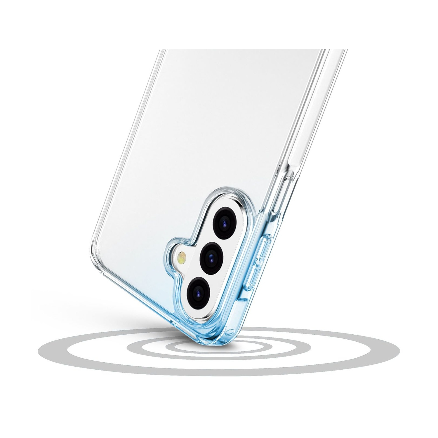 Custodia trasparente per telefono con tre fotocamere e accenti blu su sfondo bianco.