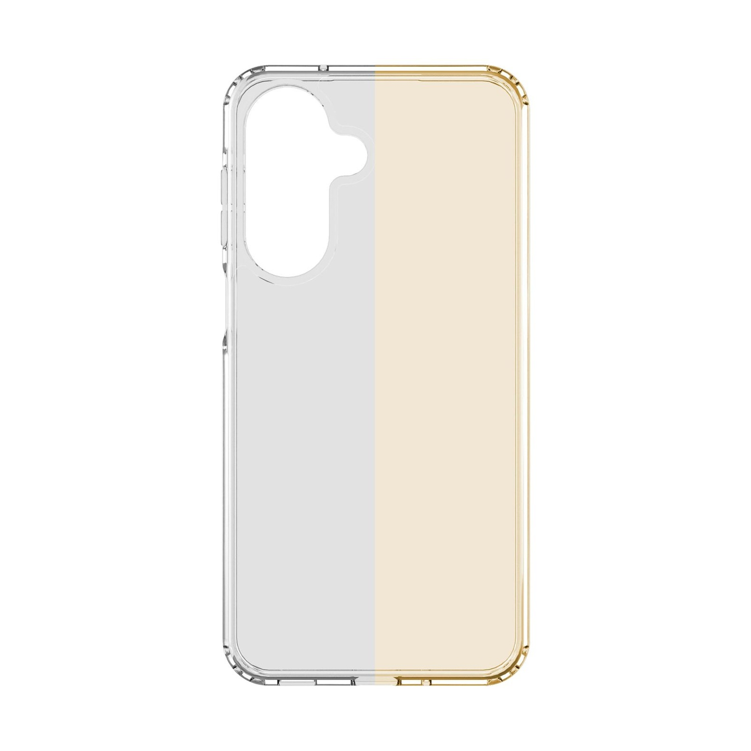 Custodia trasparente per telefono con sfondo bicolore, argento a sinistra e oro a destra.