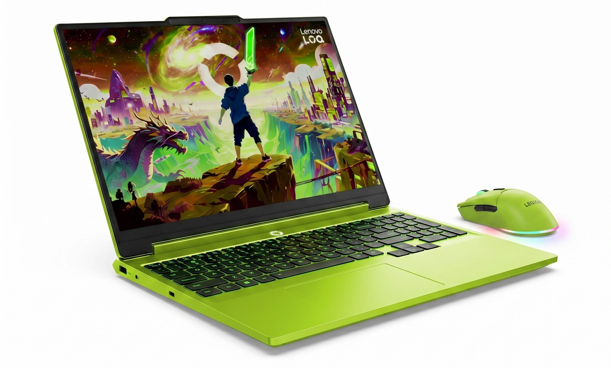 Jasnozielony laptop gamingowy ze smokiem i miastem na ekranie, obok myszka.