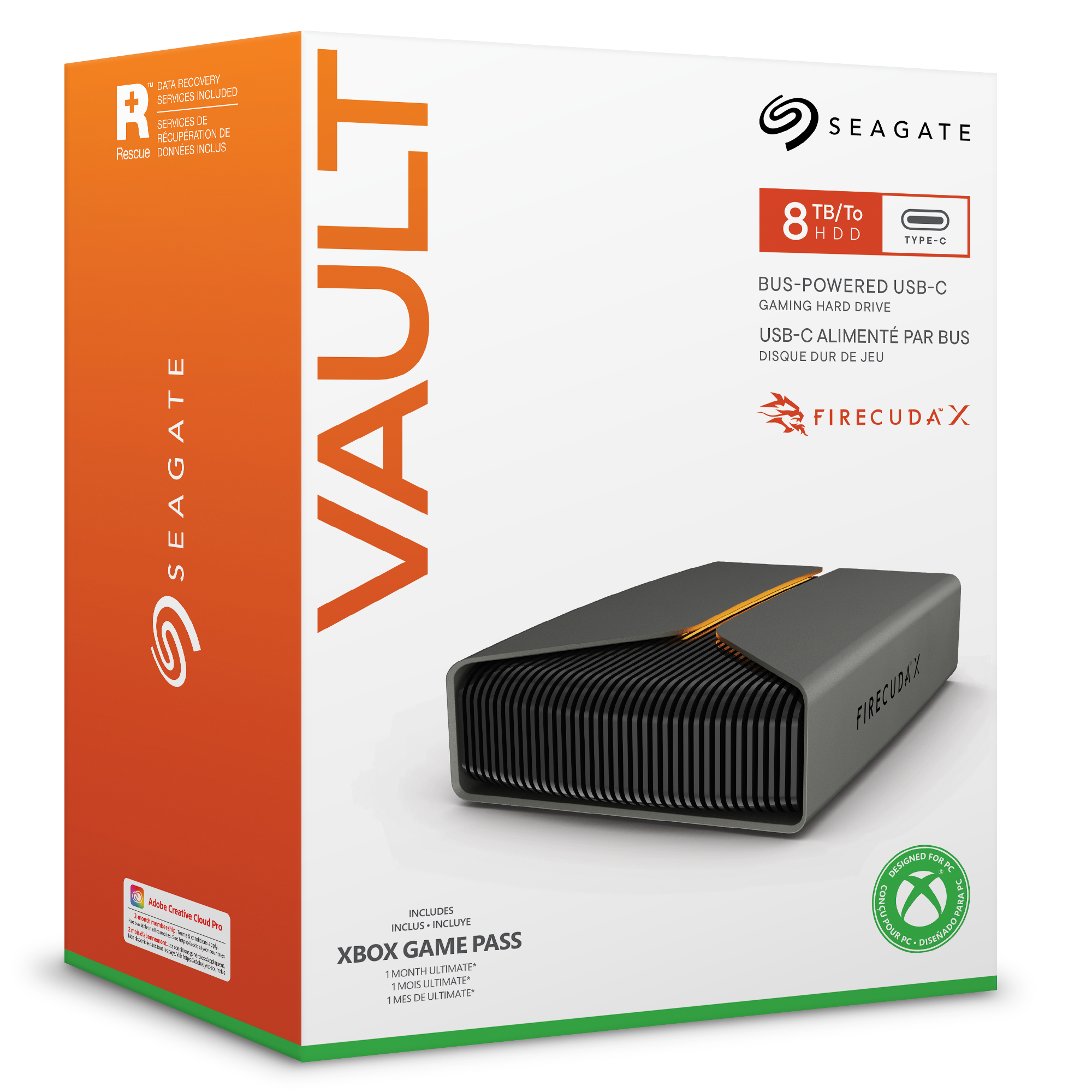 Verpackung für eine Seagate FireCuda 8TB externe Gaming-Festplatte mit Xbox Game Pass.