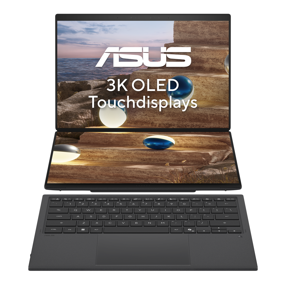 Ein geöffneter ASUS-Laptop zeigt eine ruhige Landschaft mit Text