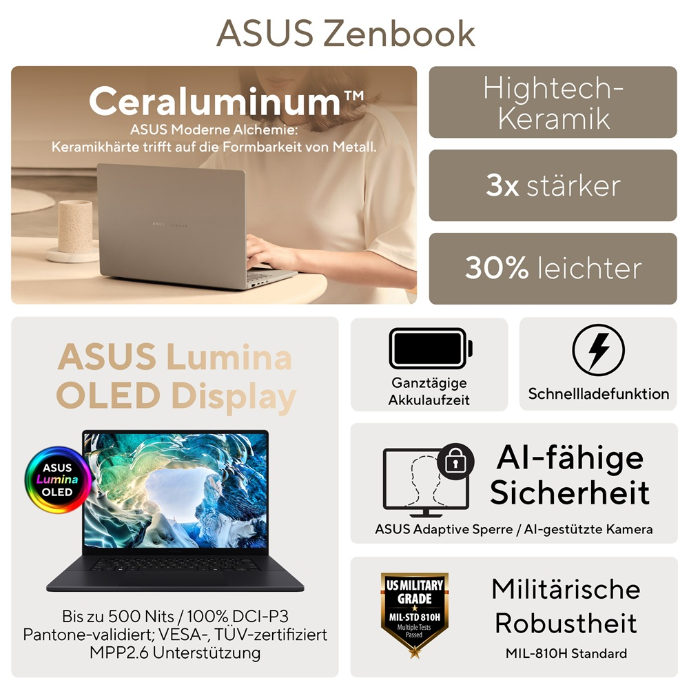 ASUS Zenbook mit Ceraluminum, 3x stärker, 30% leichter. OLED Display.