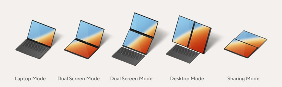 Fünf Laptops in verschiedenen Modi: Laptop, Dual Screen und Desktop.