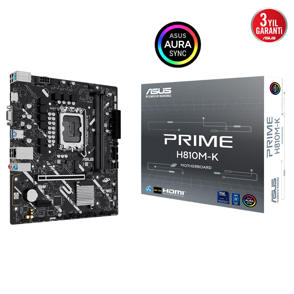 ASUS Prime H810M-K anakartı ve ASUS Aura Sync logolu kutusu.