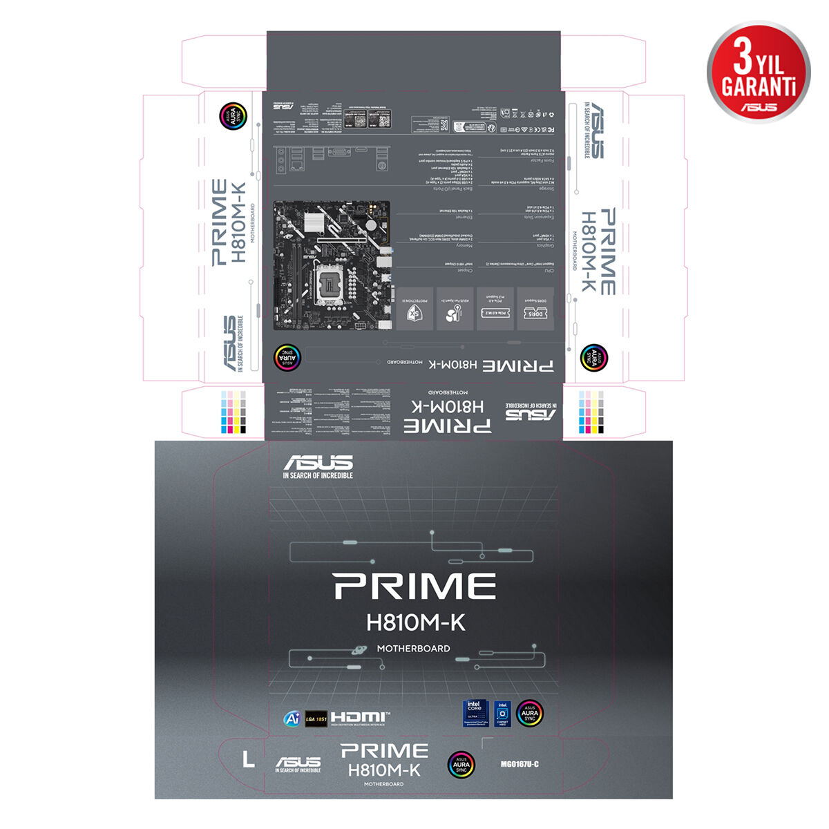 ASUS Prime H810M-K anakart kutusu ambalajı, ürün resmi ve garantisi ile.