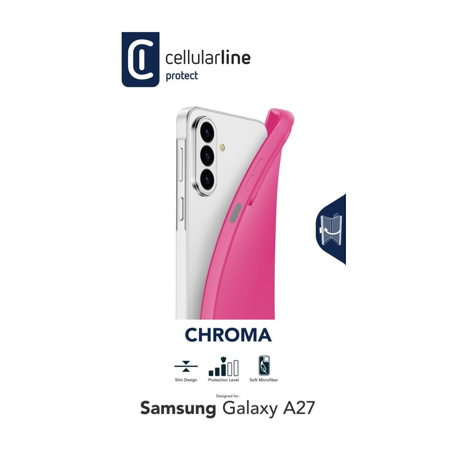 Una cover rosa per Samsung Galaxy A27, con logo e caratteristiche prodotto.