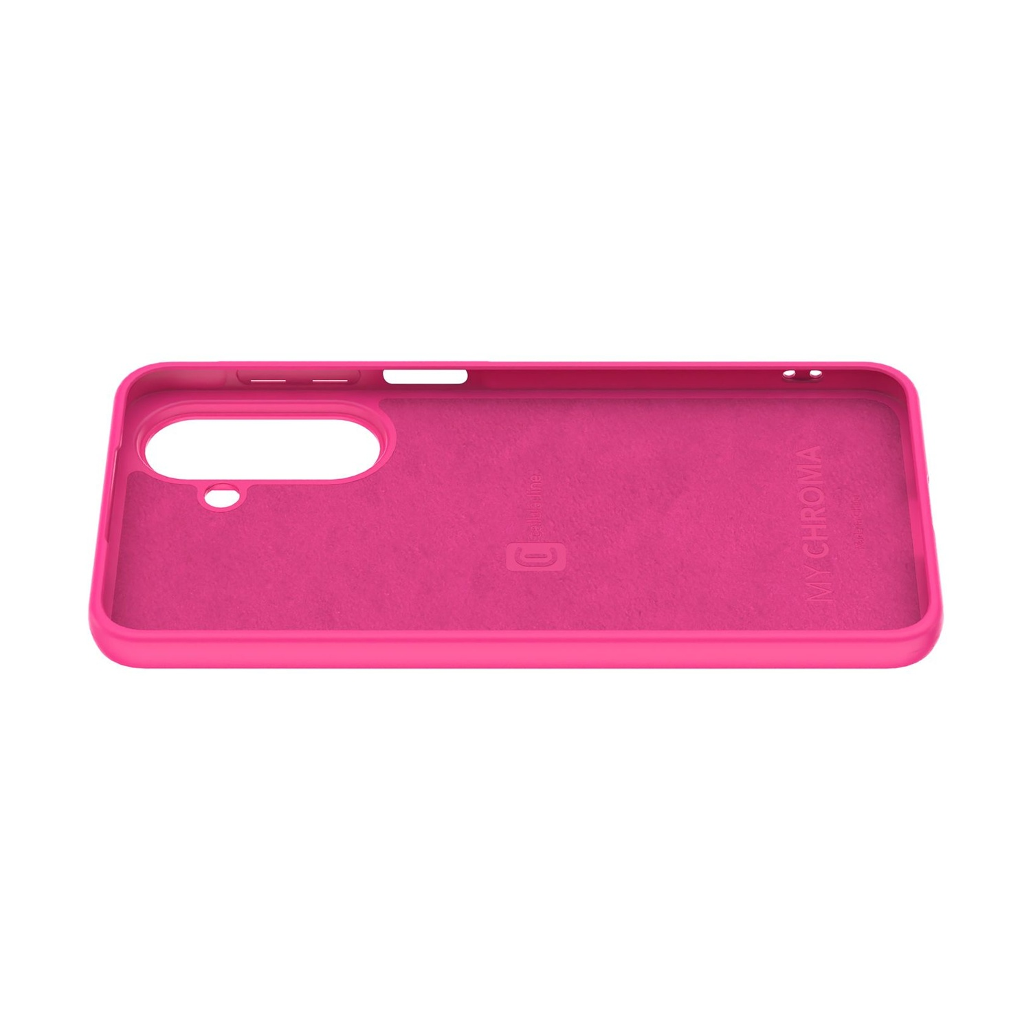 Una custodia per telefono in gomma rosa acceso con ritagli per fotocamera e pulsanti.
