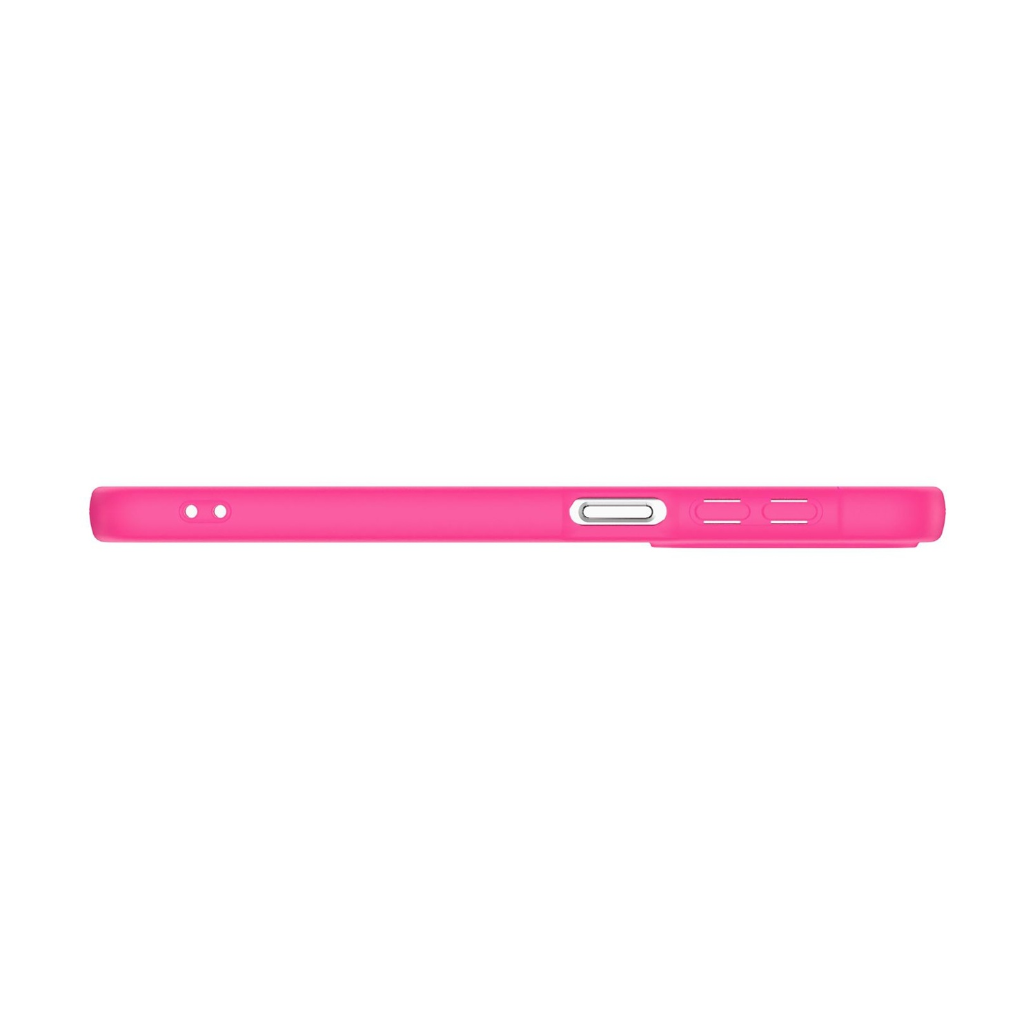 Una cover per telefono rosa acceso con pulsanti e fori per altoparlanti.