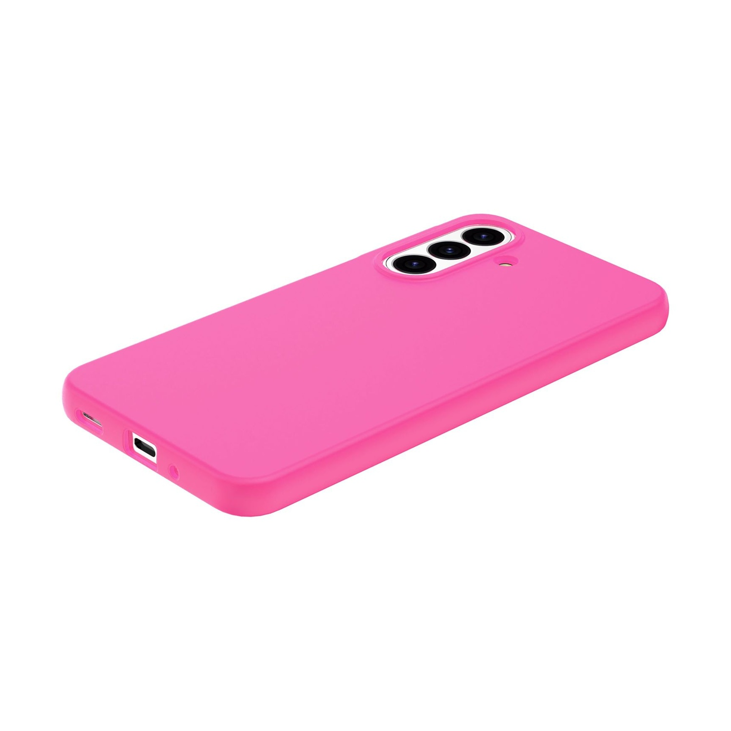 Una cover per telefono rosa acceso con tre obiettivi della fotocamera sul retro.