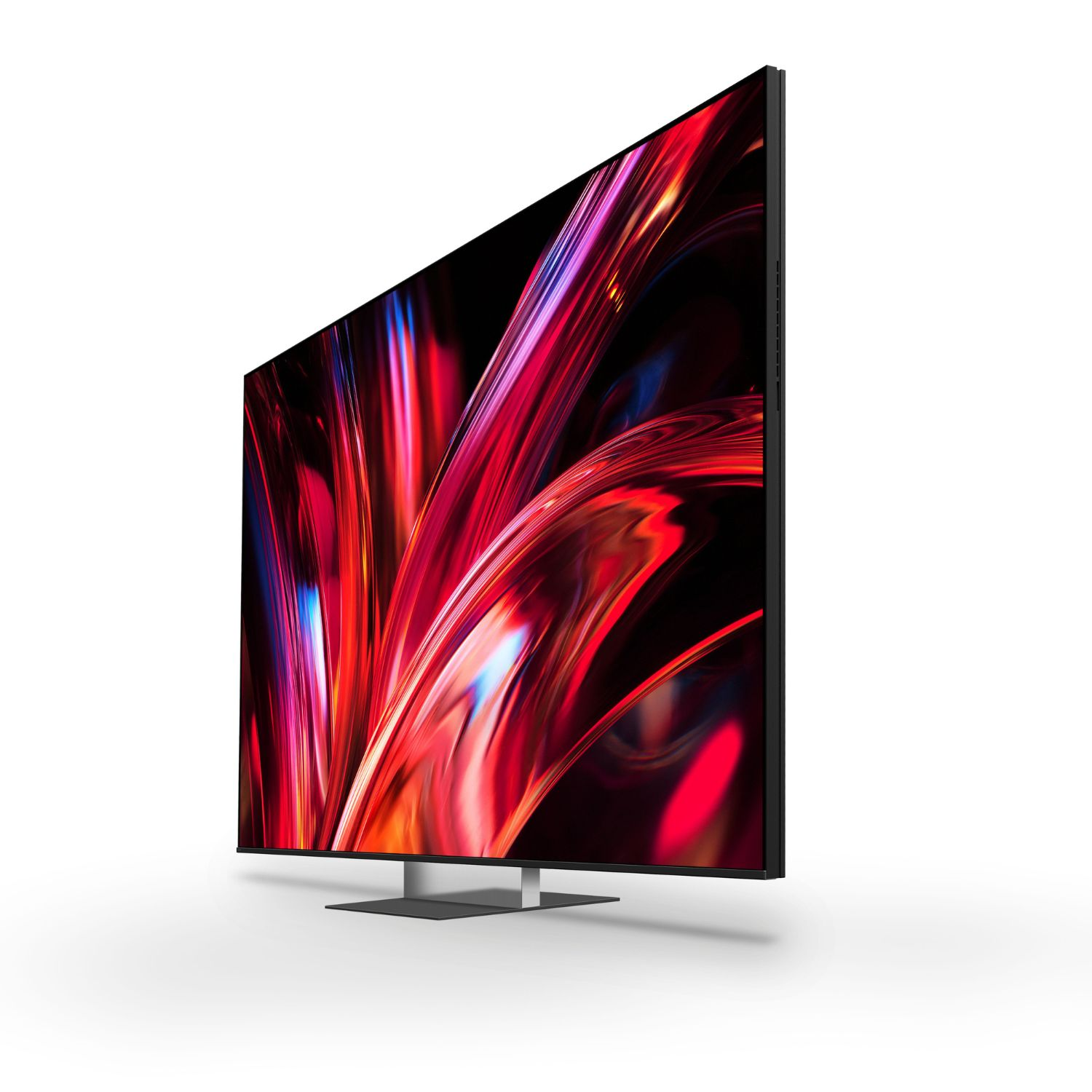 Un televisor elegante que muestra una imagen abstracta roja y azul en su pantalla.