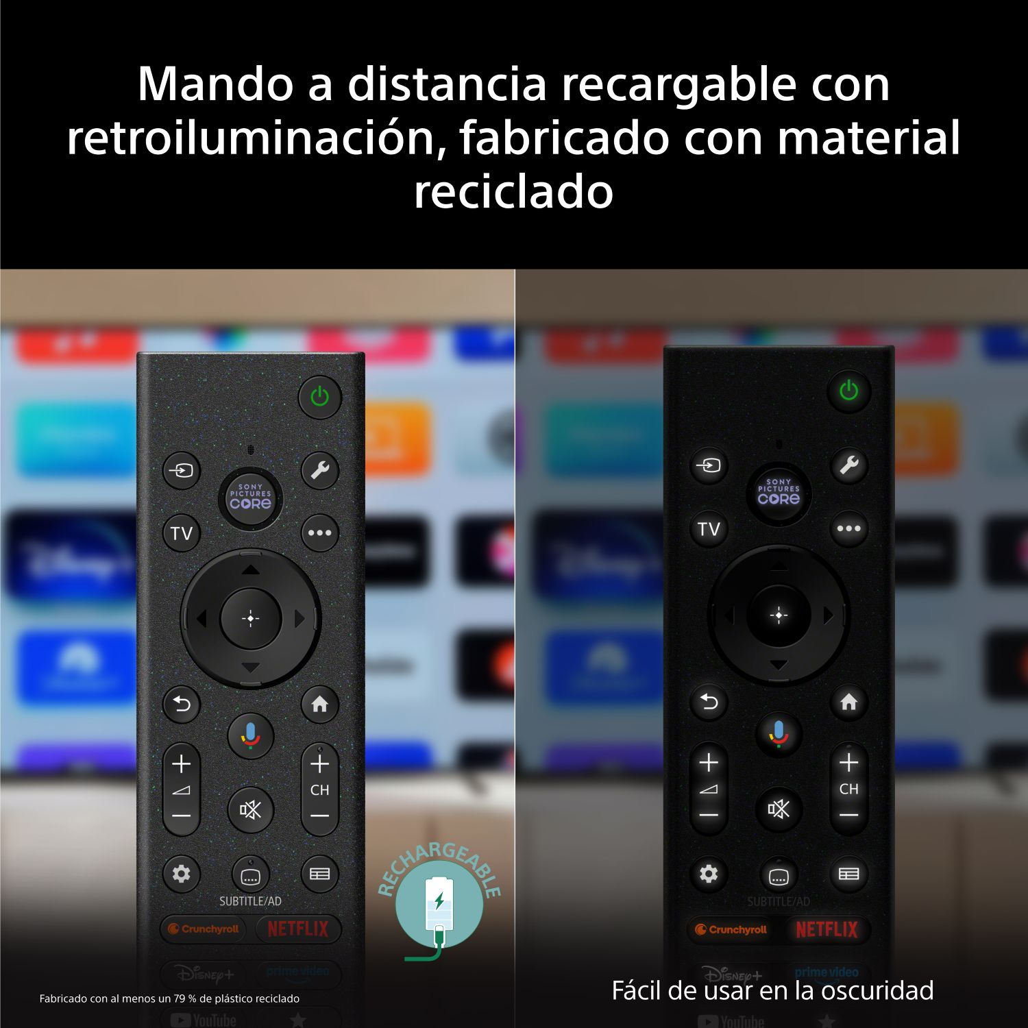 Mando a distancia recargable con retroiluminación, fabricado con al menos un 79% de plástico reciclado.