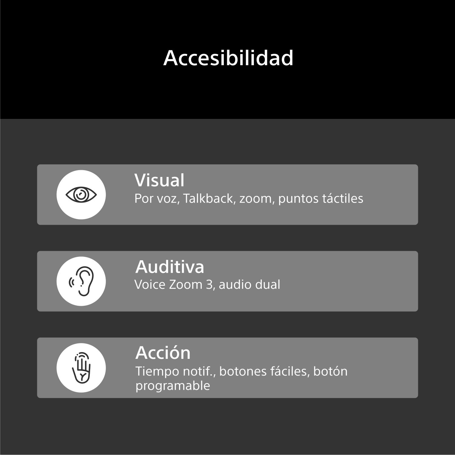 Accesibilidad: Visual, auditiva, acción con iconos y etiquetas.