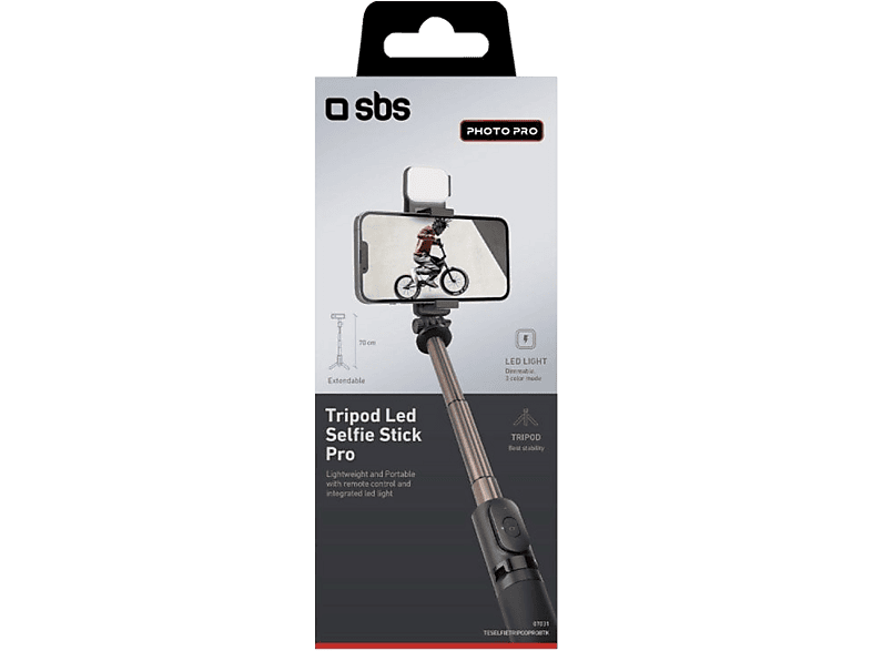 SBS 07031 Selfie-Stick mit integrierten Stativ und LED-Licht, Ausziehbar, 360° drehbar, Schwarz
