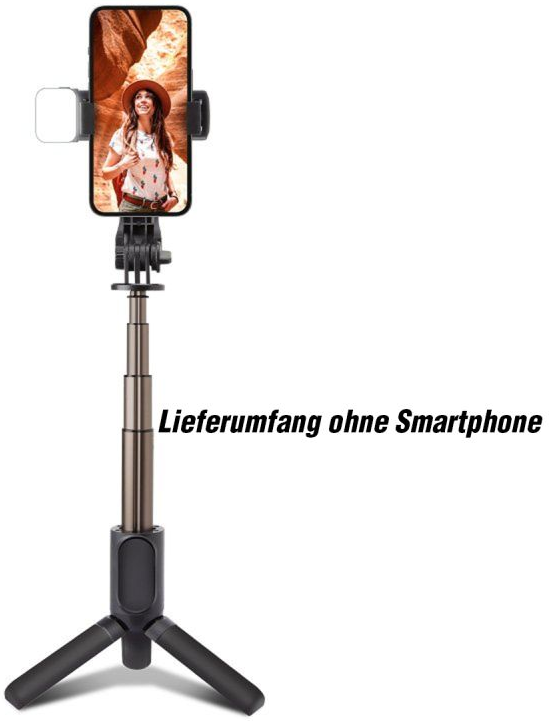 Ein Selfie-Stick mit Stativ und LED-Licht, ohne Smartphone.