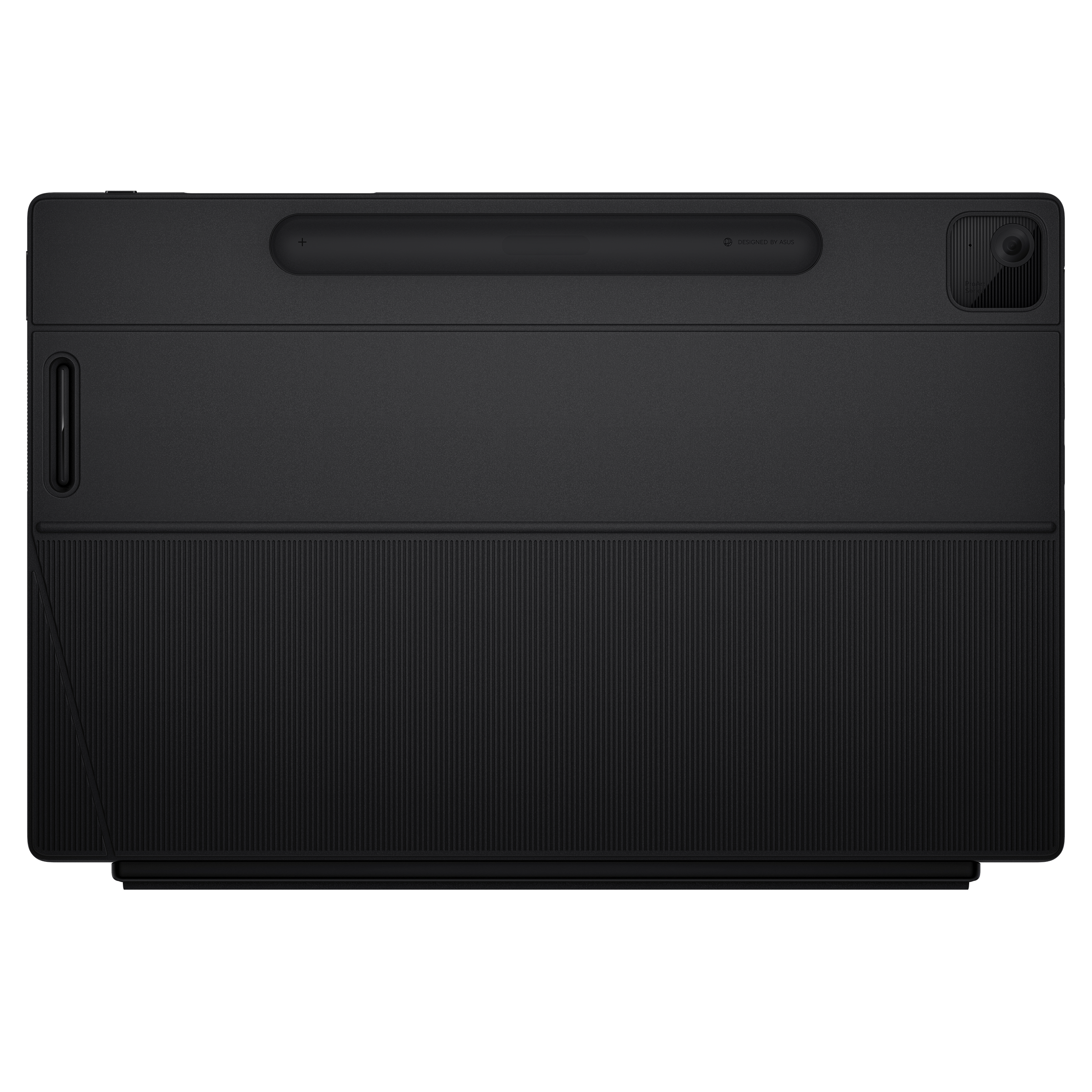 Schwarze Tablet-Hülle mit geripptem Design, Kameraaussparung und Stifthalter.