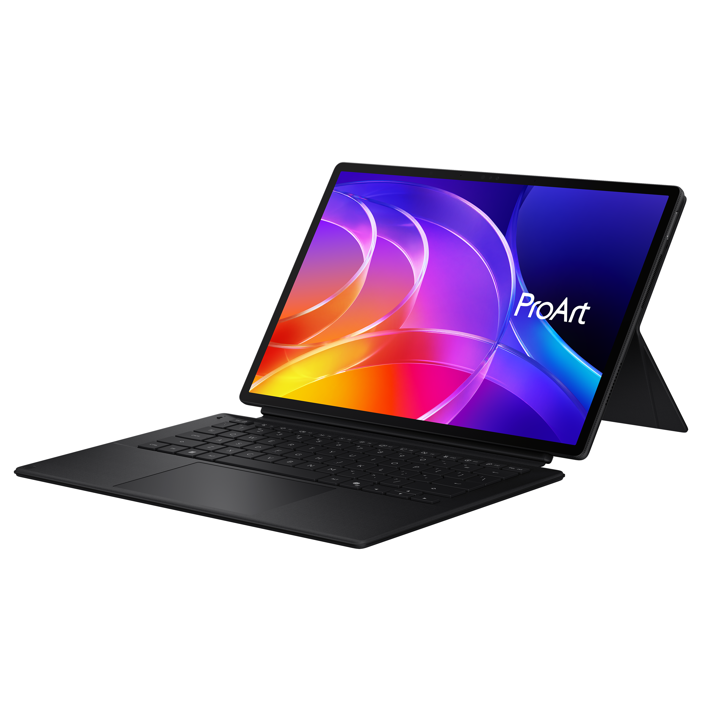 Schwarzes Tablet mit abnehmbarer Tastatur und buntem Hintergrundbild.