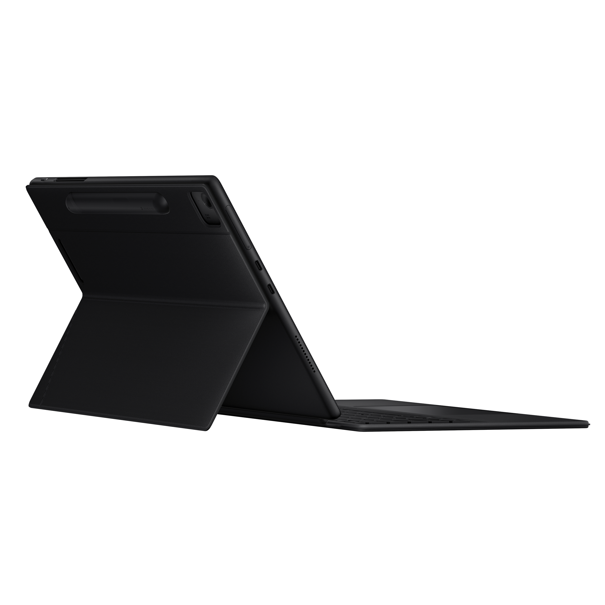 Ein schwarzes Tablet mit Tastaturabdeckung und Stift auf schwarzem Hintergrund.