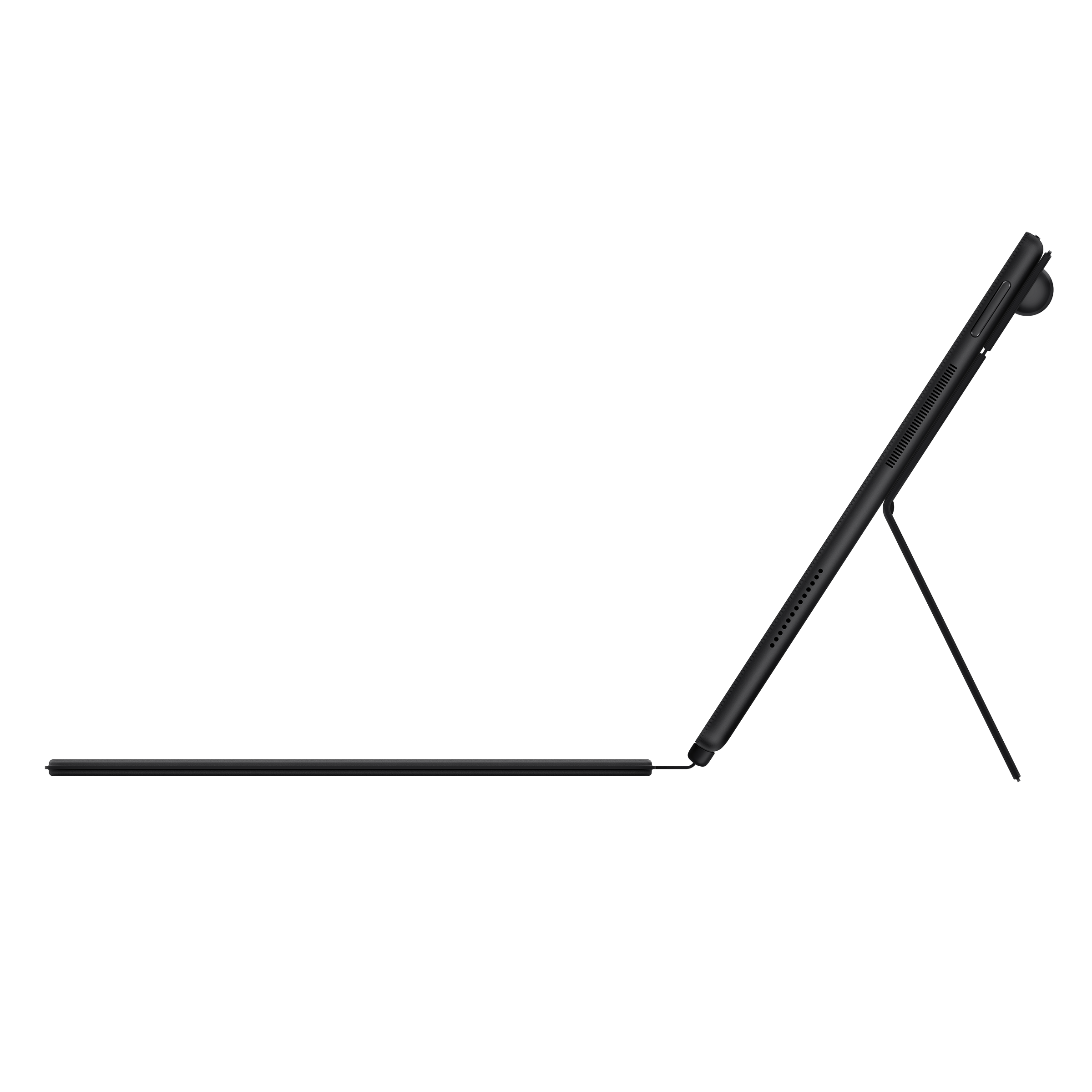 Ein schwarzes Tablet mit einer Tastatur, das auf einem Ständer steht.