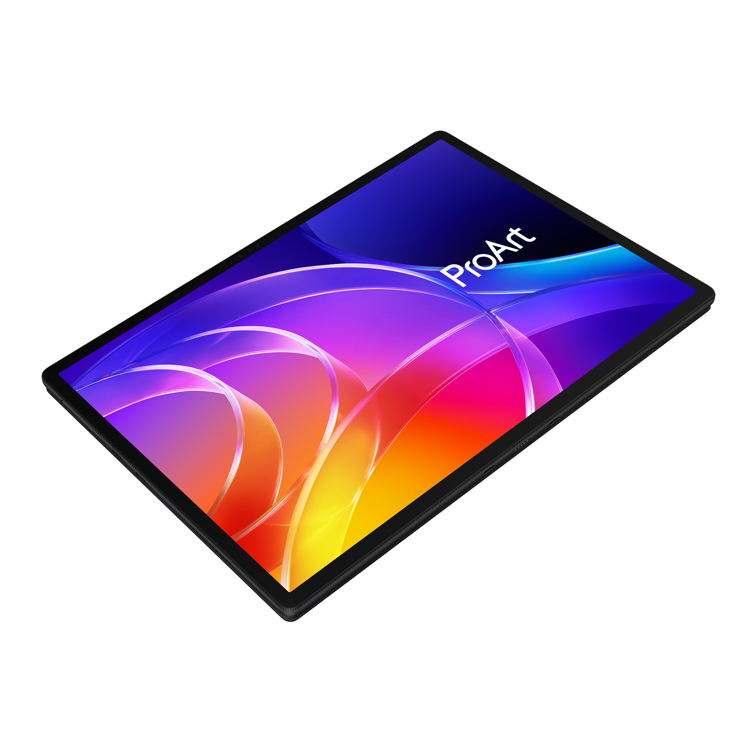Ein schwarzes Tablet mit bunten abstrakten Wellen auf dem Bildschirm.
