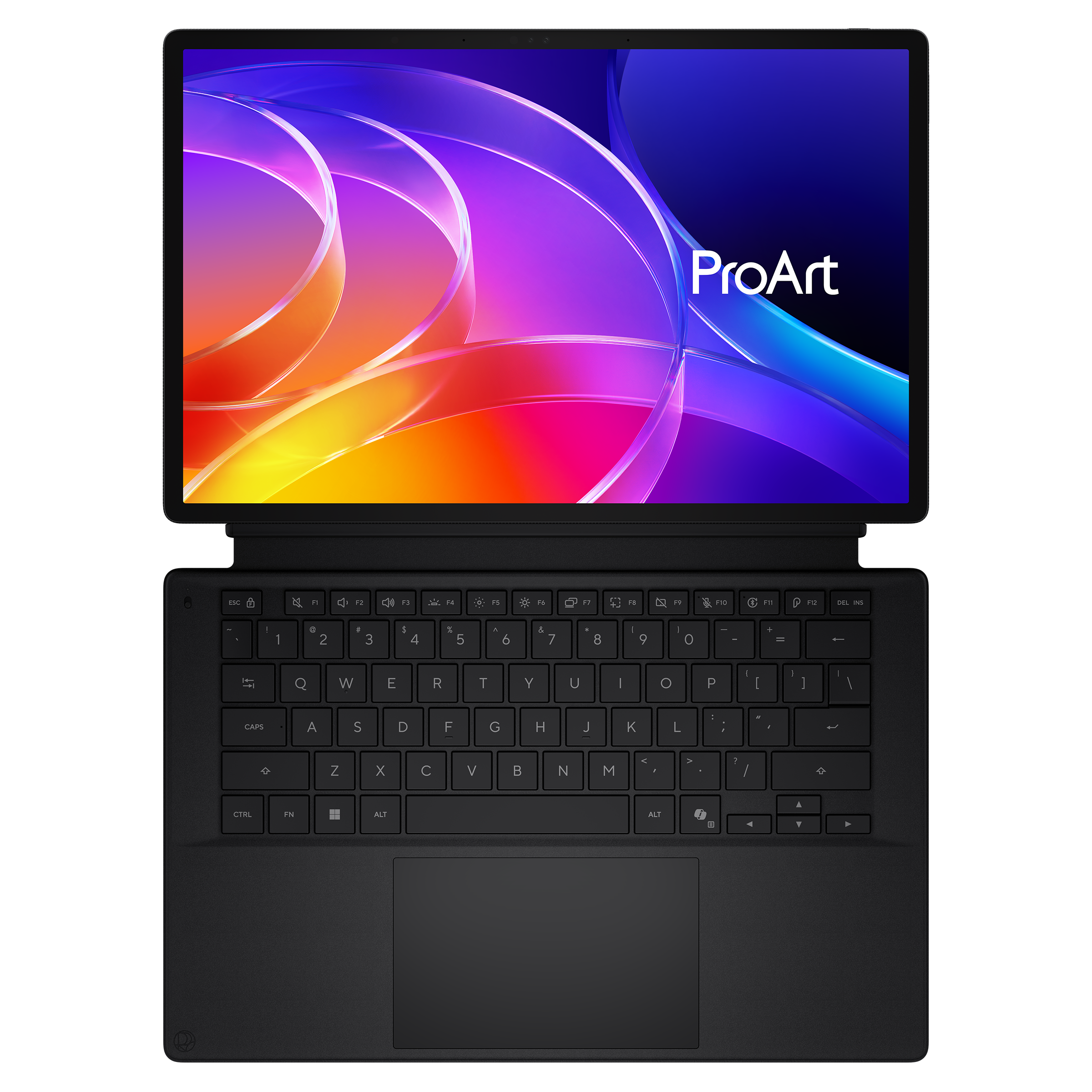 Schwarzer Laptop mit buntem, abstraktem Hintergrund und Tastatur.
