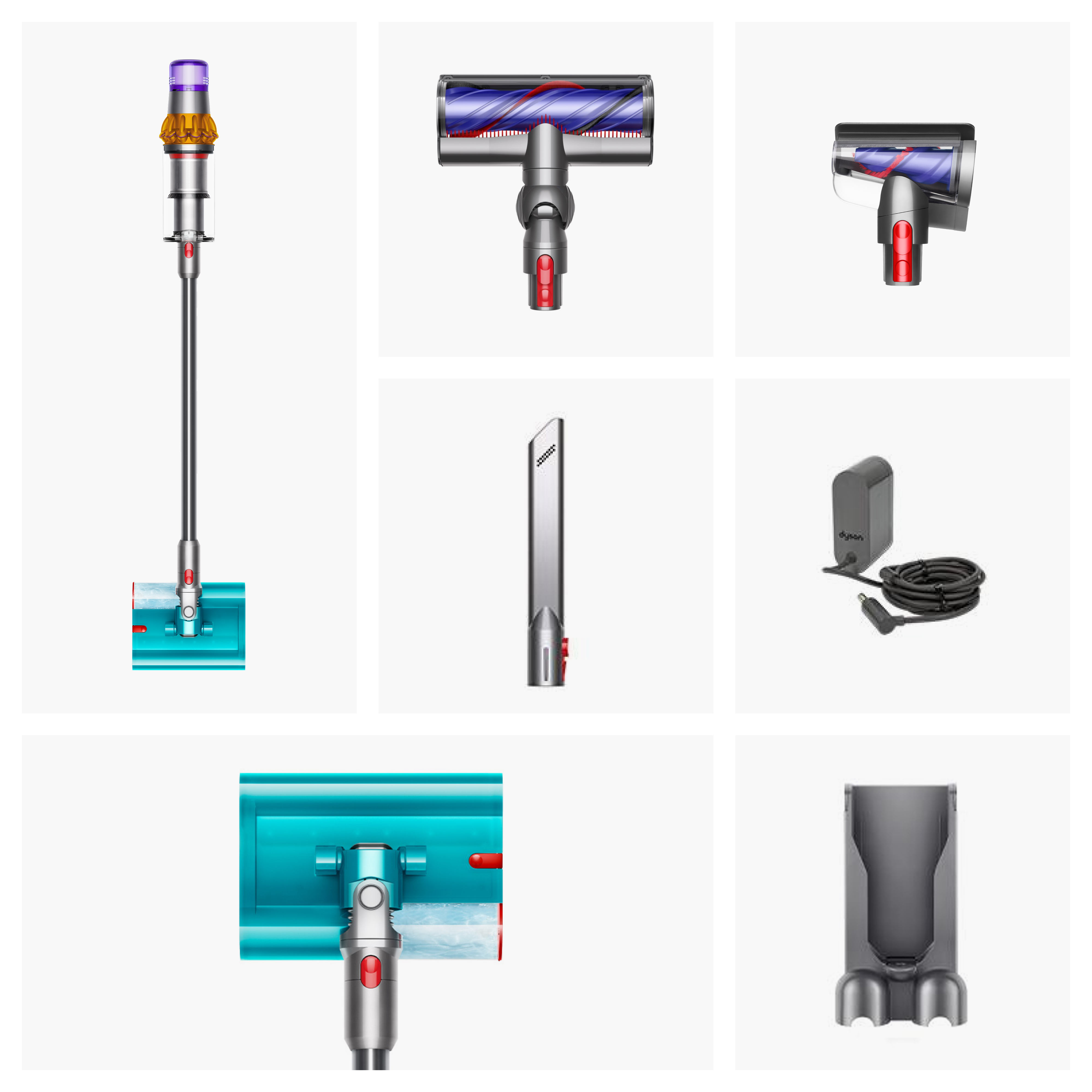 Fırça başlığı, şarj adaptörü ve duvara monte aparatı olan bir Dyson elektrikli süpürge.