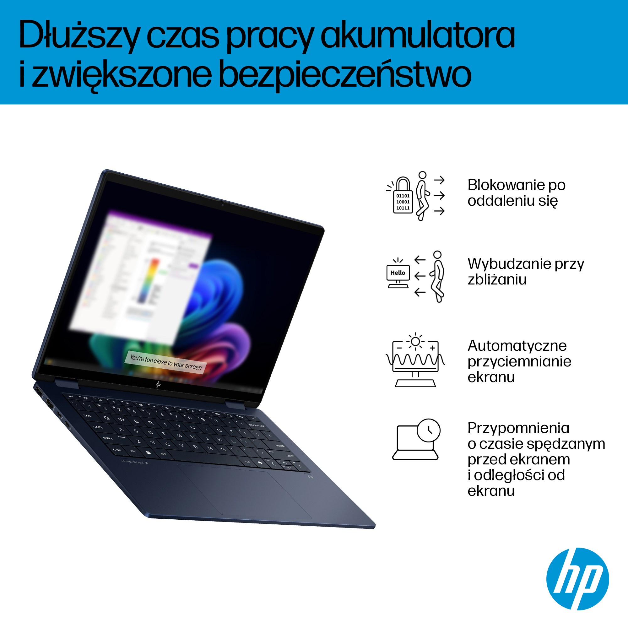 Ciemny laptop HP z ekranem wyświetlającym komunikat ostrzegawczy.