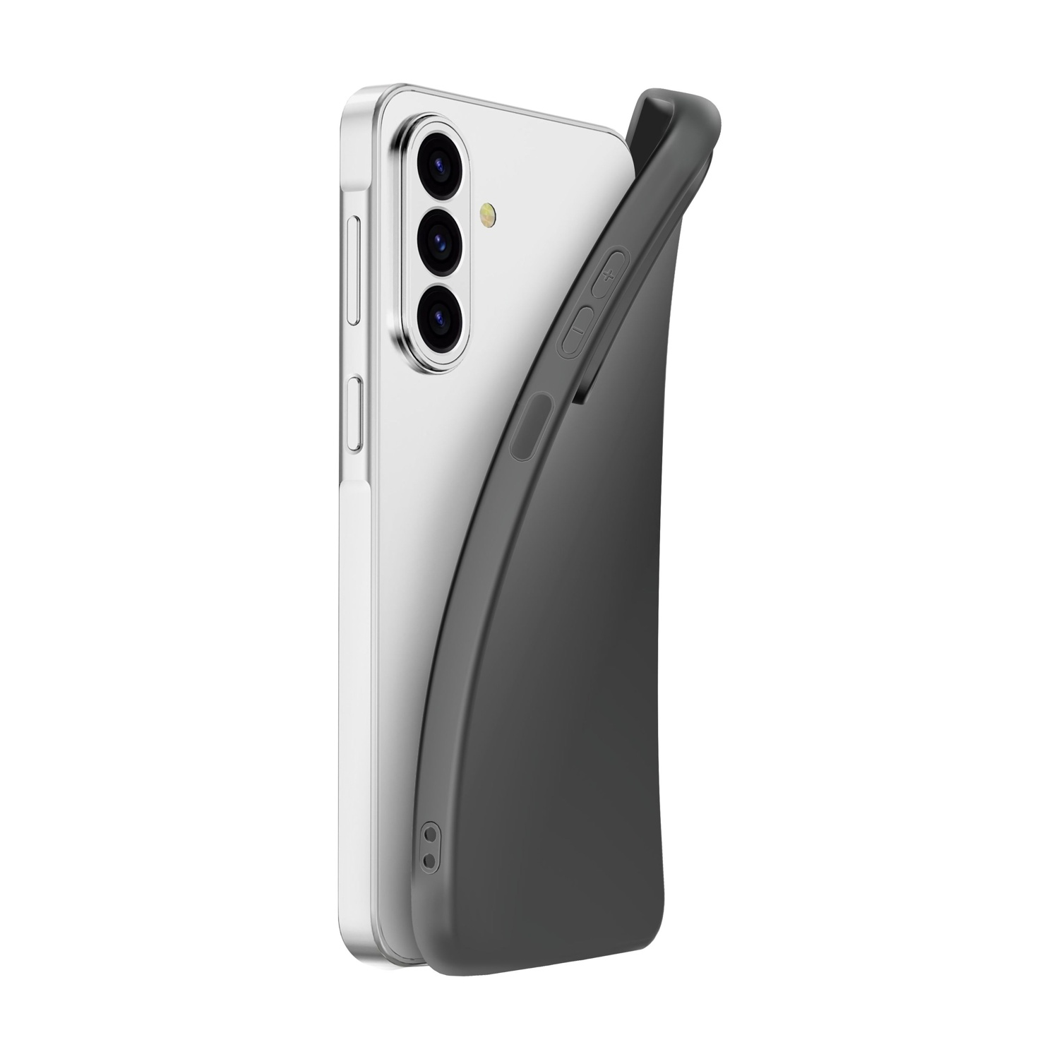 Uno smartphone argentato con una cover protettiva nera parzialmente rimossa, che mostra le lenti.