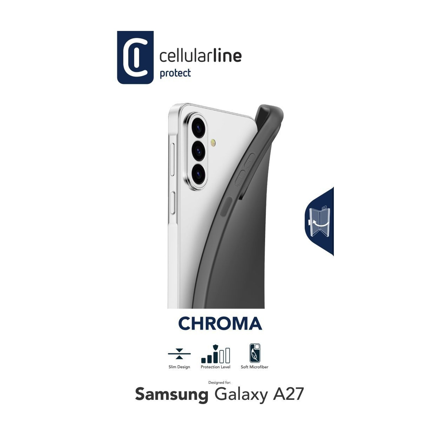 Custodia nera per Samsung Galaxy A27, con loghi e caratteristiche.