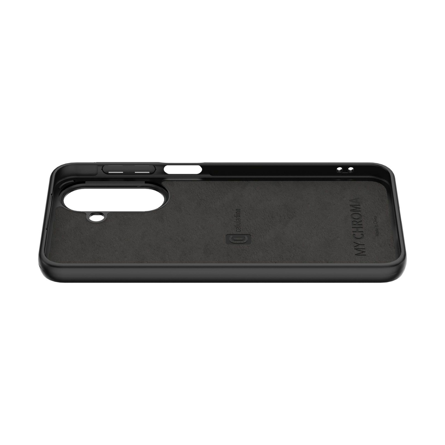 Custodia nera per telefono con ritagli per fotocamera e pulsanti. Interno logo.