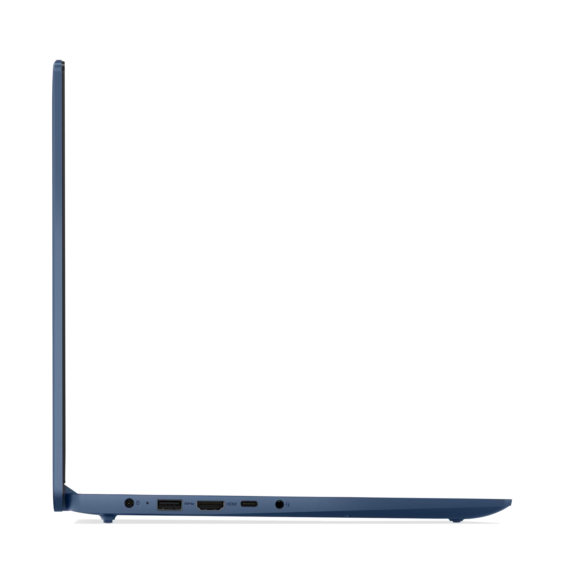 Vista lateral de portátil azul mostrando puertos: alimentación, USB-A, HDMI, USB-C, auriculares.