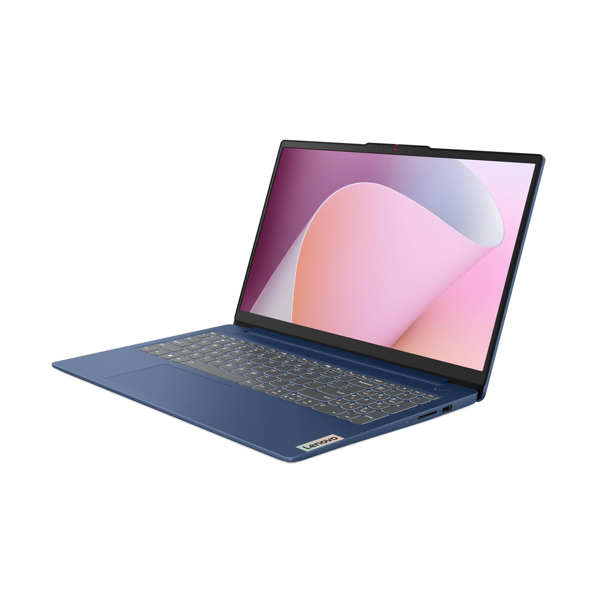 Un portátil Lenovo azul con la pantalla abierta, mostrando un patrón abstracto.