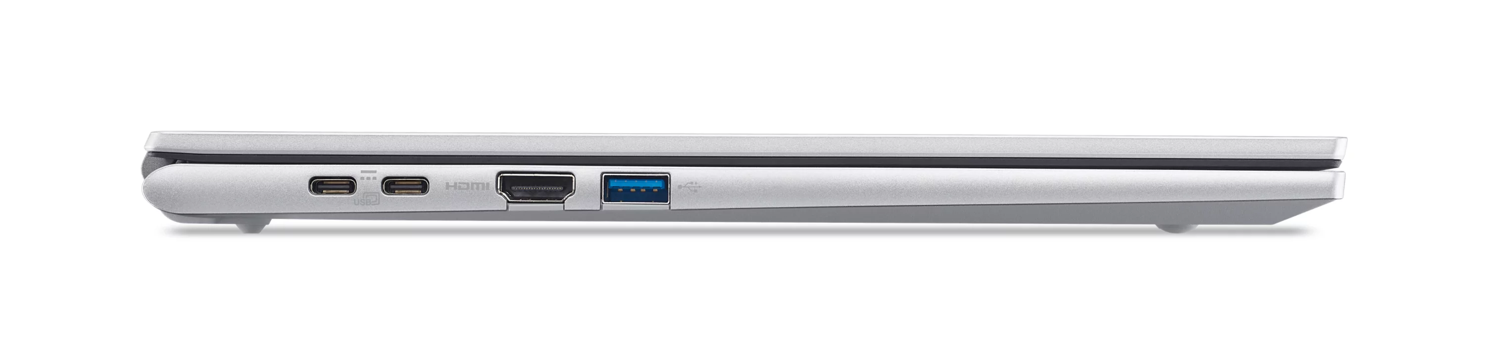 Zilveren laptop met USB-C, HDMI en USB-A poorten aan de zijkant.